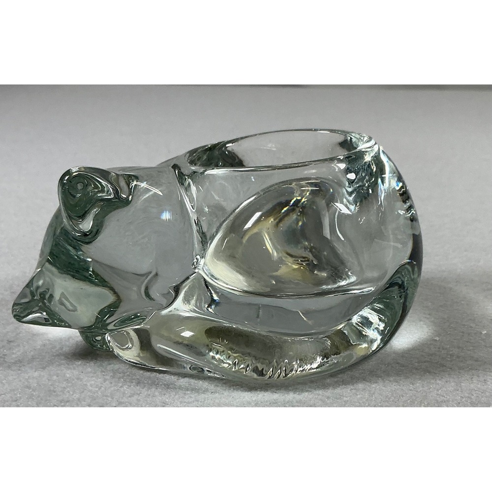 Indiana Glass Crystal Sleeping Cat Votive Candle Holder Clear Glass Figurine USA